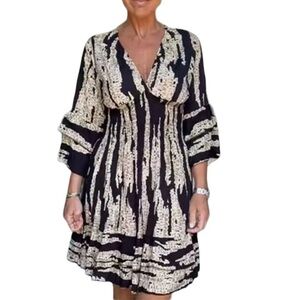 NWOT Knee Length Dress, Shirred Waist V-Neck Bell Sleeve In Black and Gray Small